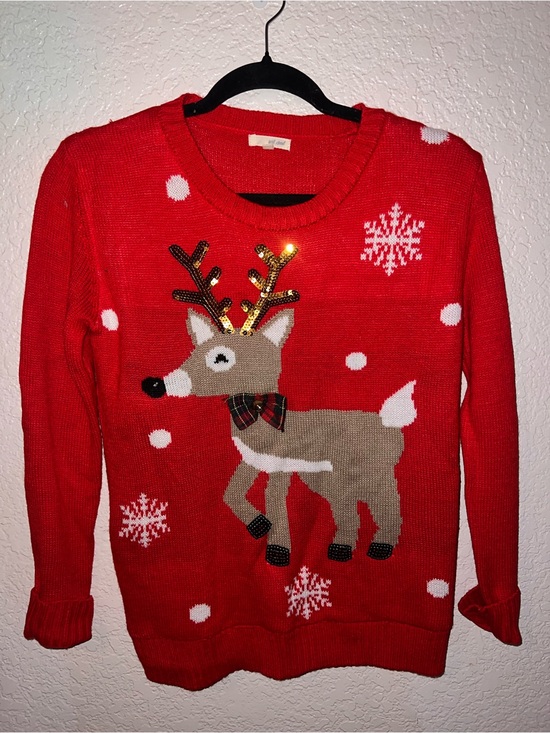 Wet Seal Sweaters - Christmas- Wet Seal Red Reindeer Sequin Antler Holiday Sweater